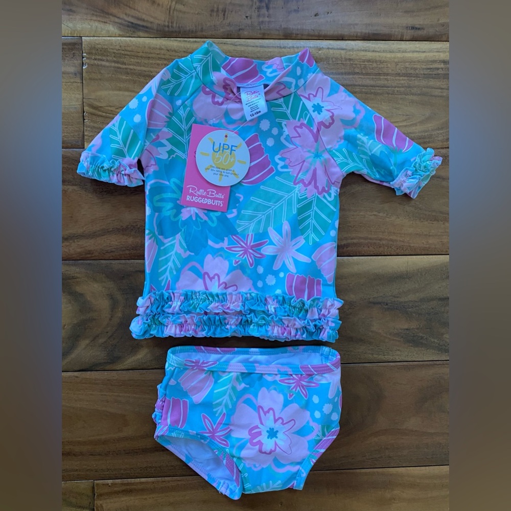 Ruffle Butts Baby Girl Two Piece Swimsuit Rashguard Size 12-18 Months- NEW
